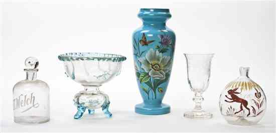 Appraisal: Three Enameled Glass Articles comprising two bottles one decorated with