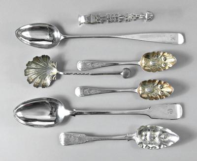 Appraisal: English Irish silver flatware Irish stuffing spoon three tablespoons openwork