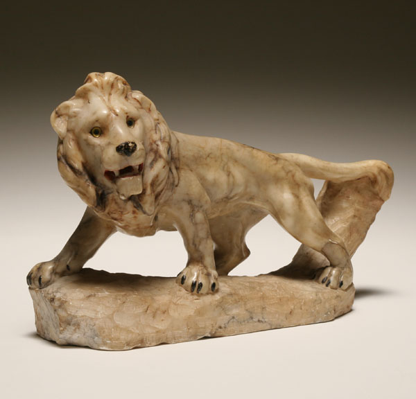 Appraisal: Carved marble lion figure with glass eyes male cat poised