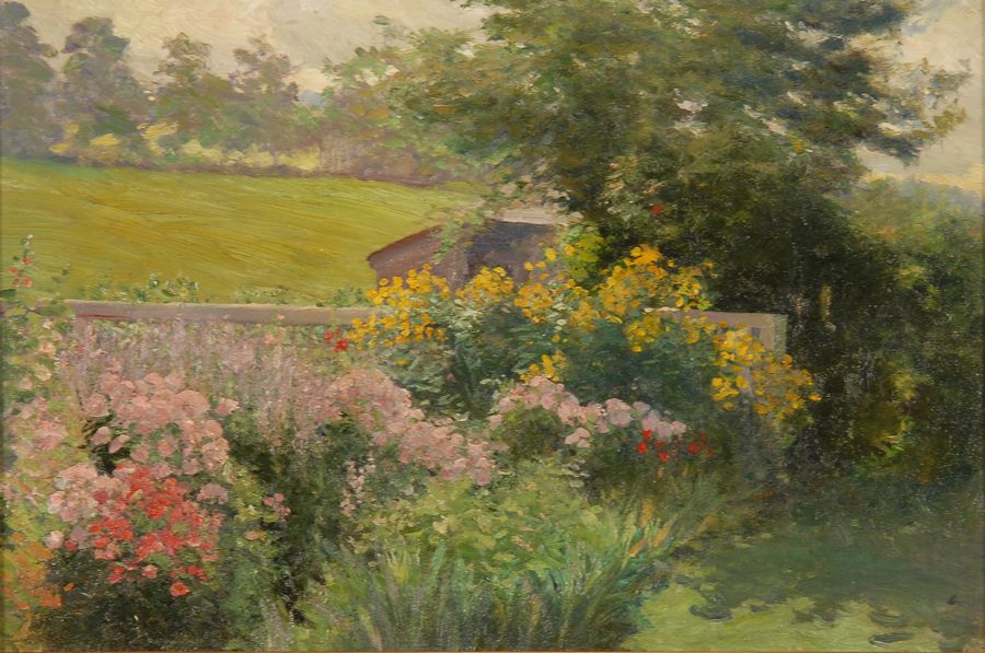 Appraisal: AMERICAN SCHOOLEarly th CenturyGarden landscape Unsigned Oil on canvas x