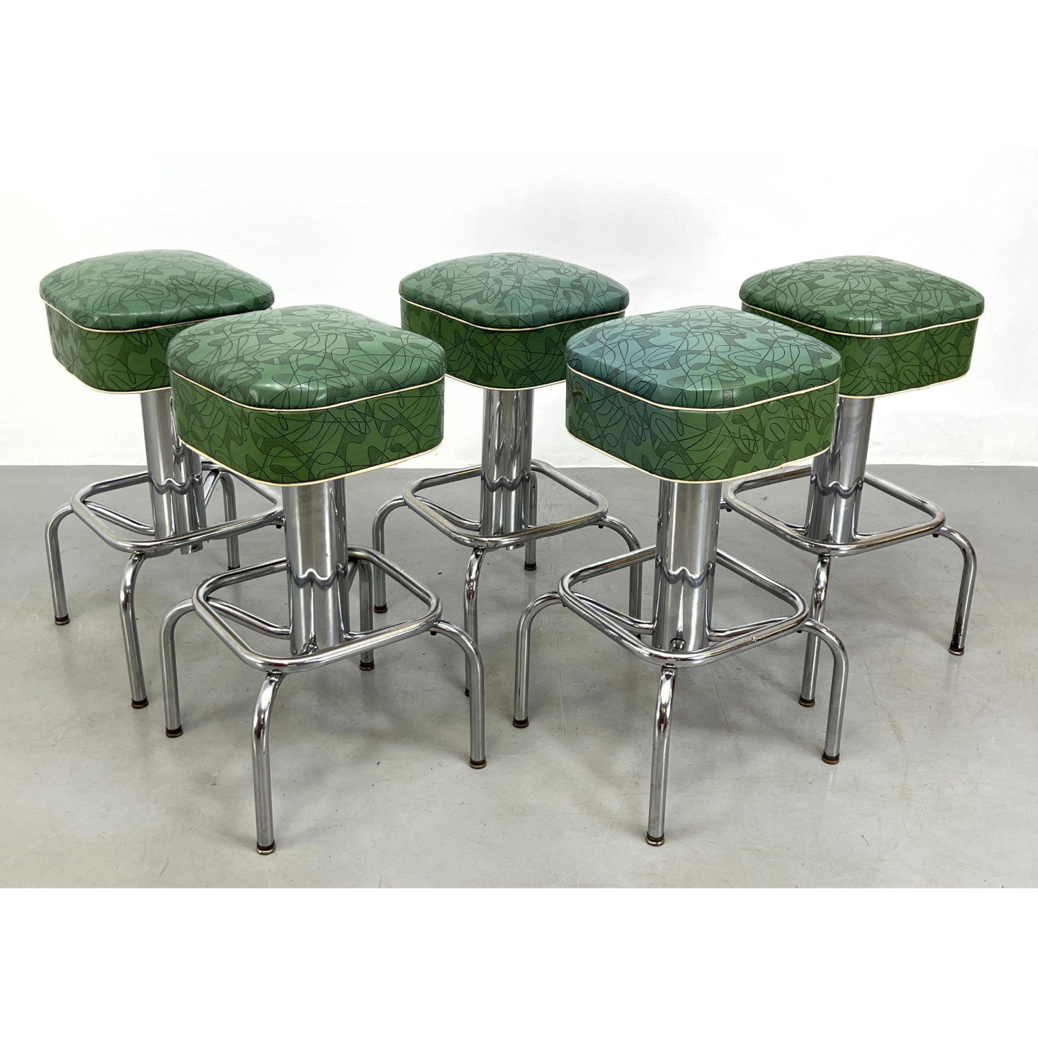 Appraisal: Set Vintage Chrome Bar Stools Tube construction Green Vinyl Seats