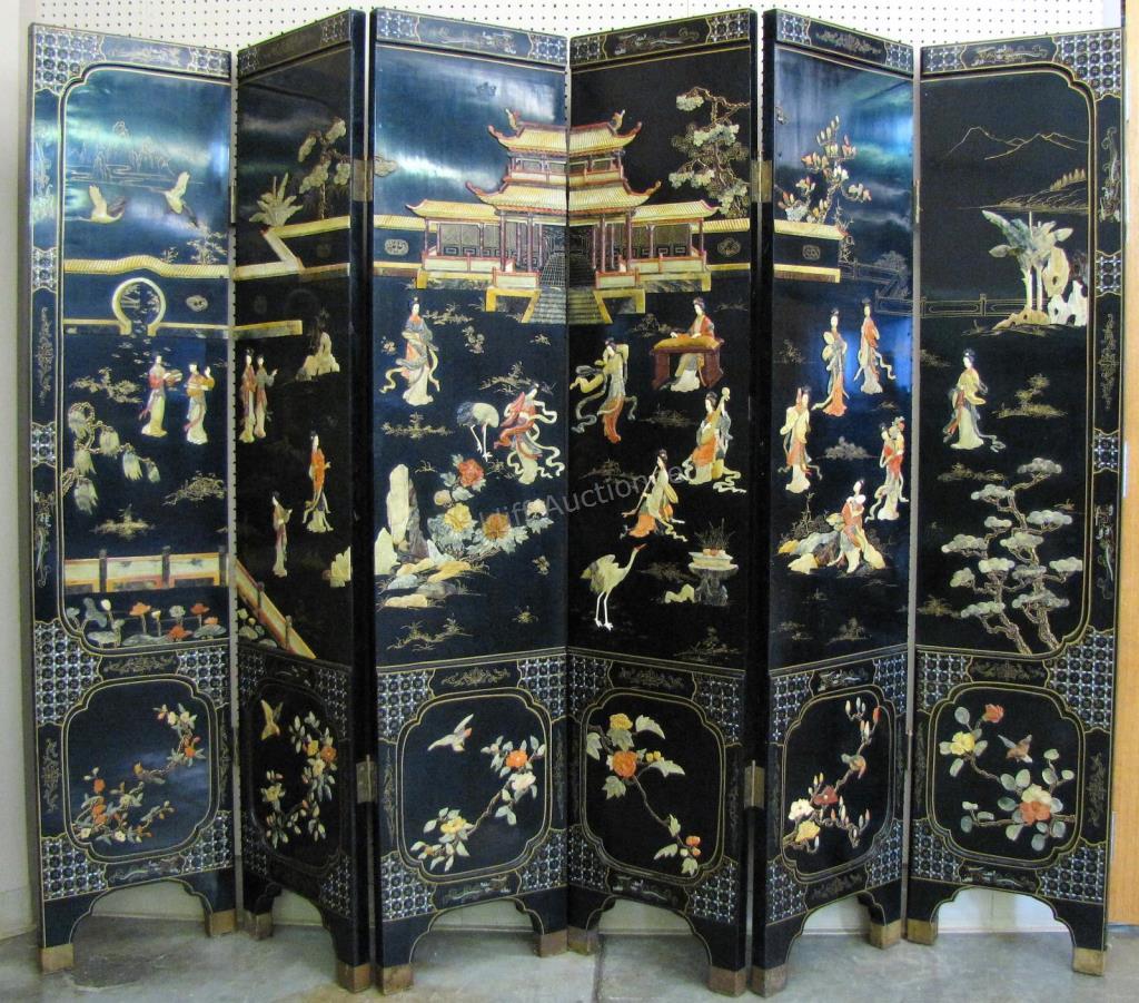 Appraisal: A vintage black lacquer Oriental six-panel screen with applied semi-precious