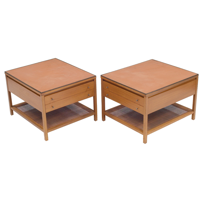 Appraisal: Paul McCobb end tables pair mahogany frames with caned lower