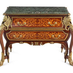 Appraisal: A Louis XIV Style Gilt Metal Mounted Marquetry Marble-Top Commode