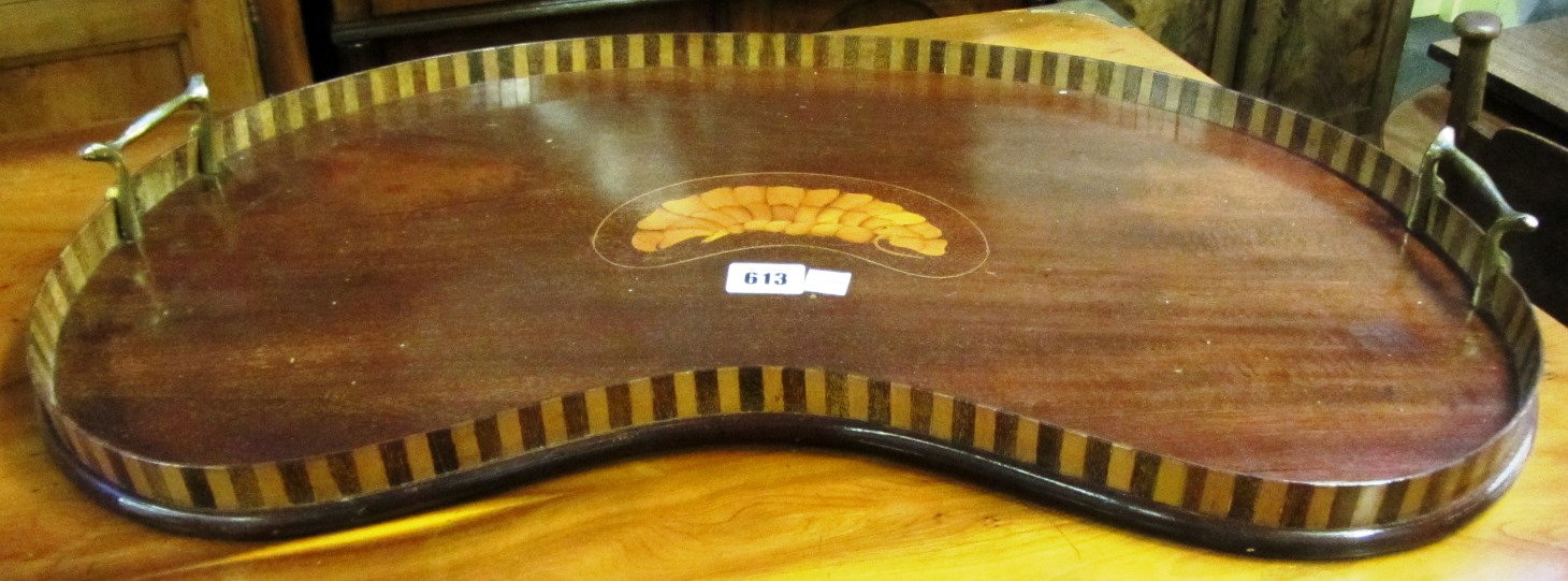 Appraisal: A late Victorian inlaid mahogany kidney shaped serving tray cm