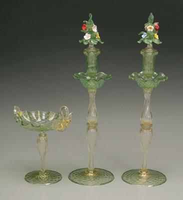 Appraisal: Murano glass candlesticks compote pair candlesticks with removable floral finials