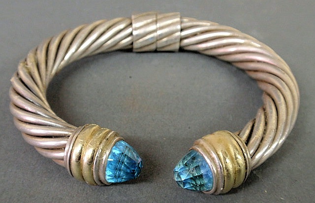 Appraisal: David Yurman sterling silver k gold aquamarine hinged cuff bracelet