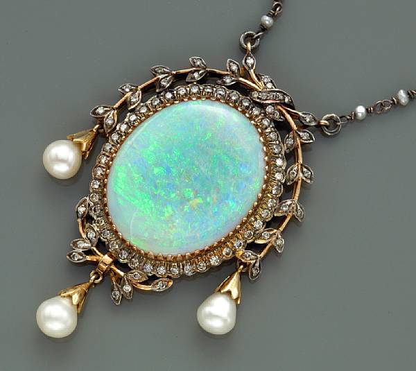 Appraisal: An opal cultured pearl and diamond necklace centering an oval-shaped