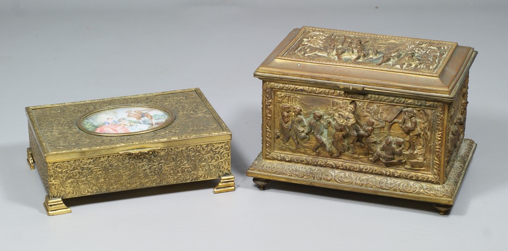 Appraisal: French gilt metal dresser box fitted with music box w