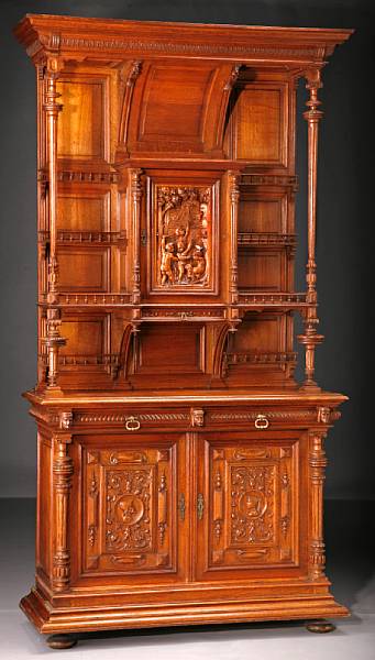 Appraisal: A pair of French Renaissance style walnut buffets deux corps