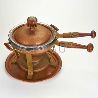 Appraisal: JOSEPH HEINRICHS Five-piece hammered copper chafing dish lined with sterling