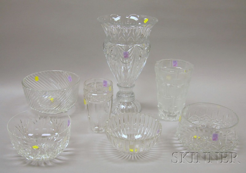 Appraisal: Seven Colorless Cut and Mold Art Glass Bowls and Vases