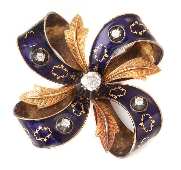 Appraisal: A diamond k gold and enamel antique bow brooch slight