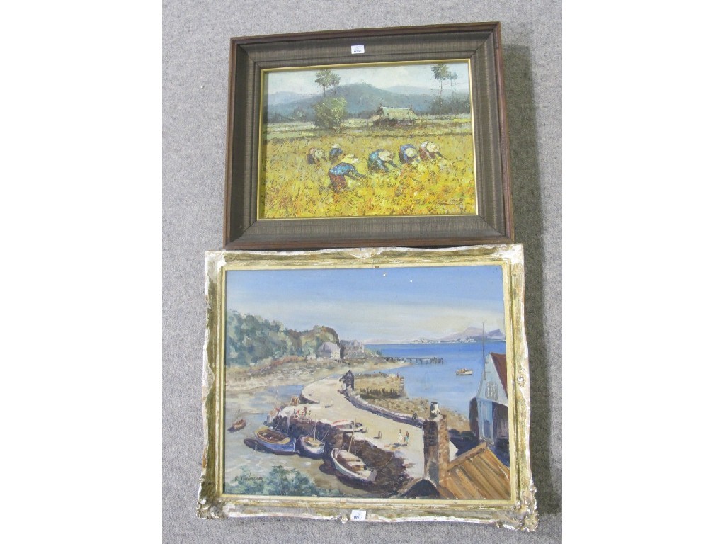 Appraisal: Oil on canvas harbour scene signed R Thomson plus an