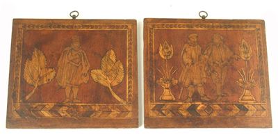 Appraisal: A pair of Dutch walnut and marquetry panels depicting gentlemen