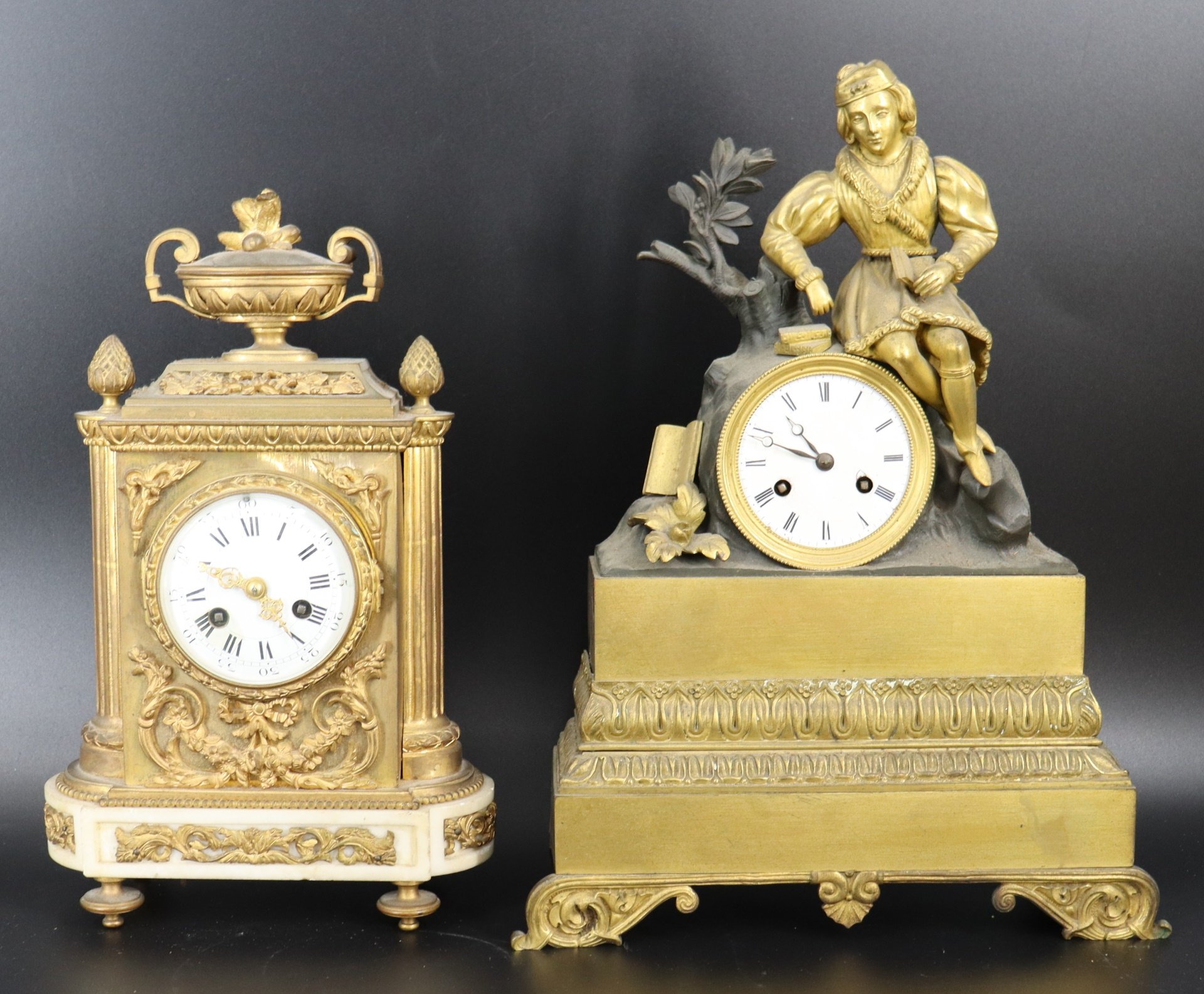 Appraisal: Antique French Bronze Clocks One marble carriage style with bronze