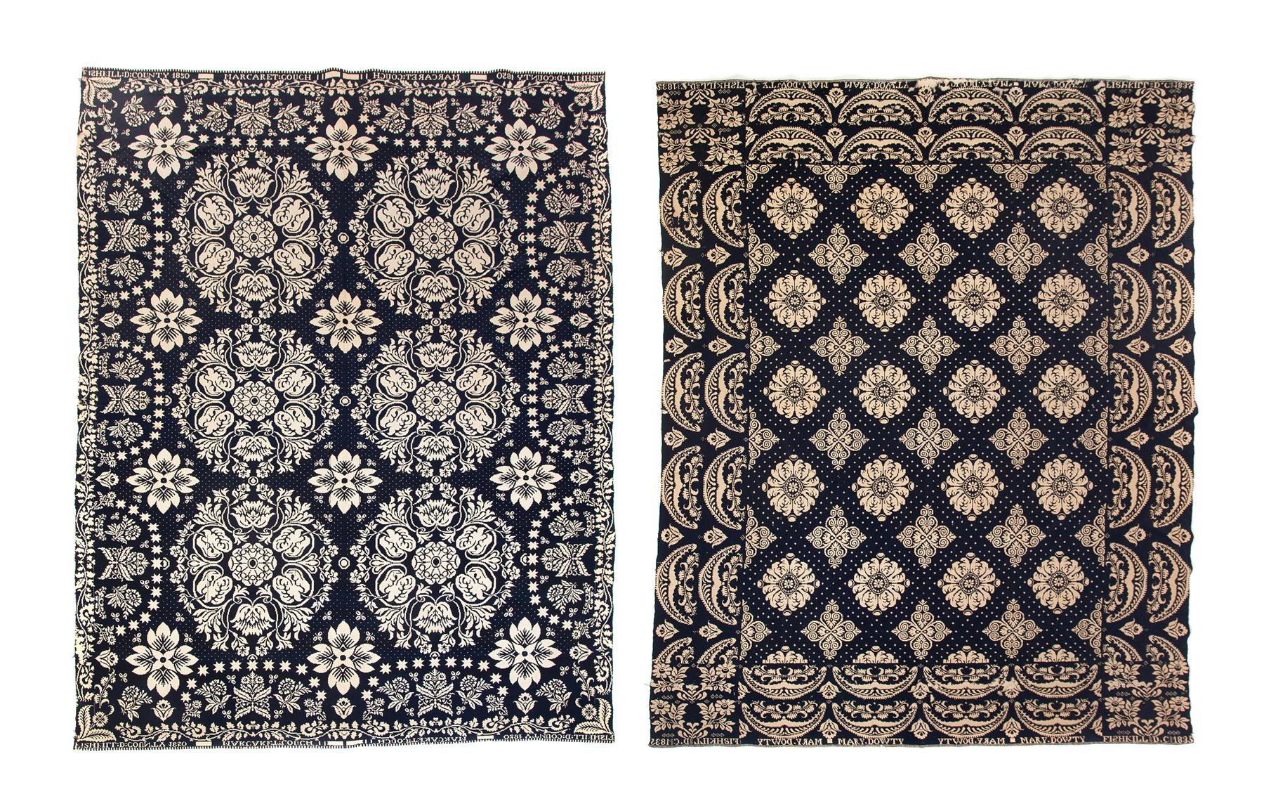 Appraisal: TWO NEW YORK JACQUARD COVERLETS Dark blue on natural Both