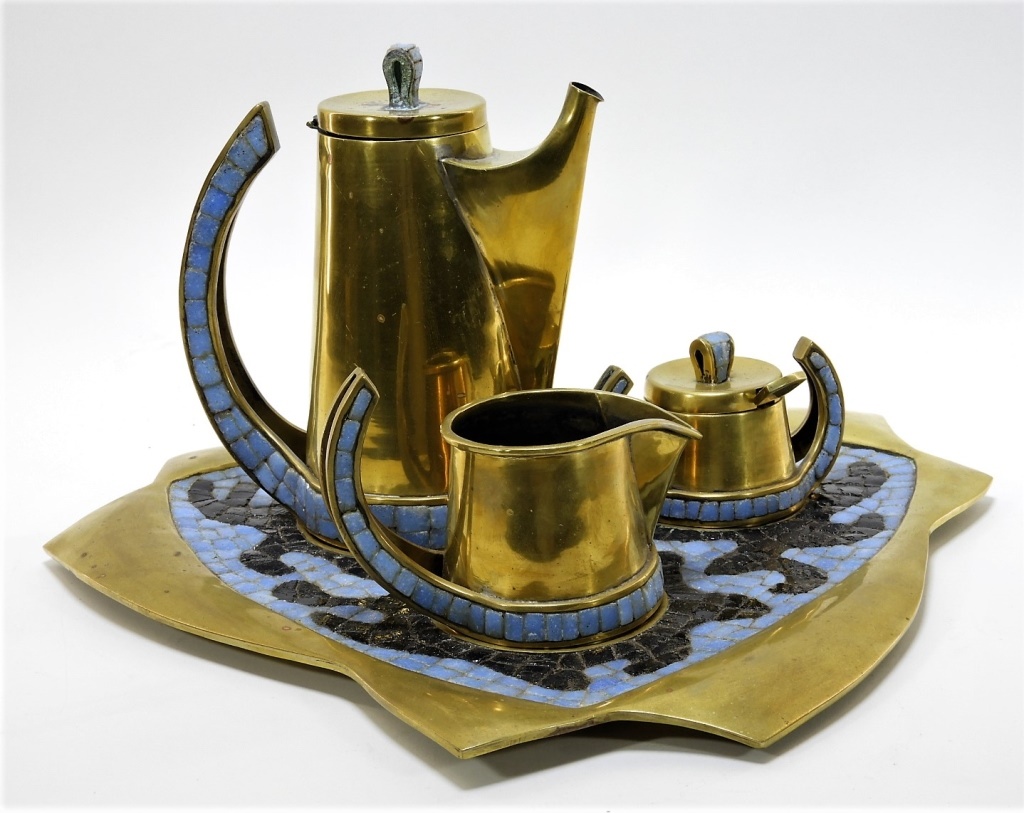 Appraisal: SALVADORE TERAN BRASS MOSAIC GLASS TILE TEA SET Mexico -