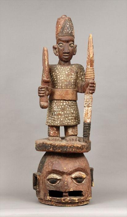 Appraisal: African Polychrome Carved Wood Warrior Figure x in Provenance Property