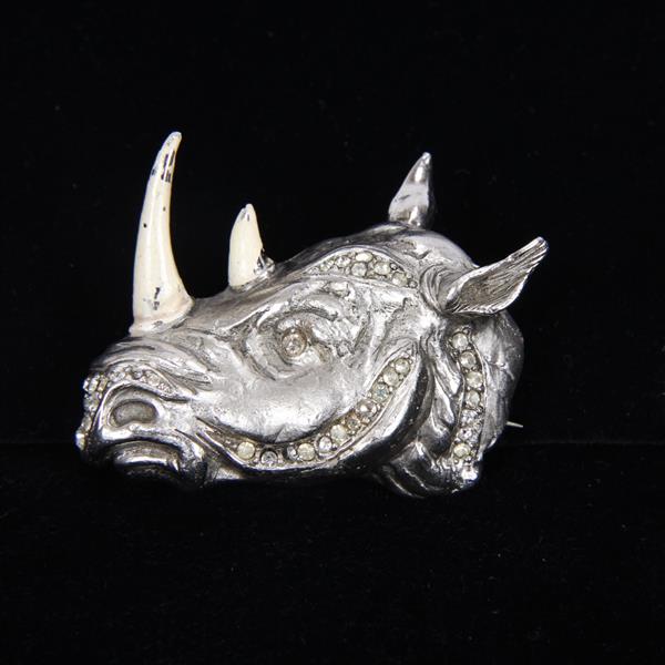 Appraisal: Hattie Carnegie Rhino Rhinoceros Enamel Rhinestone Brooch Pin Missing stone