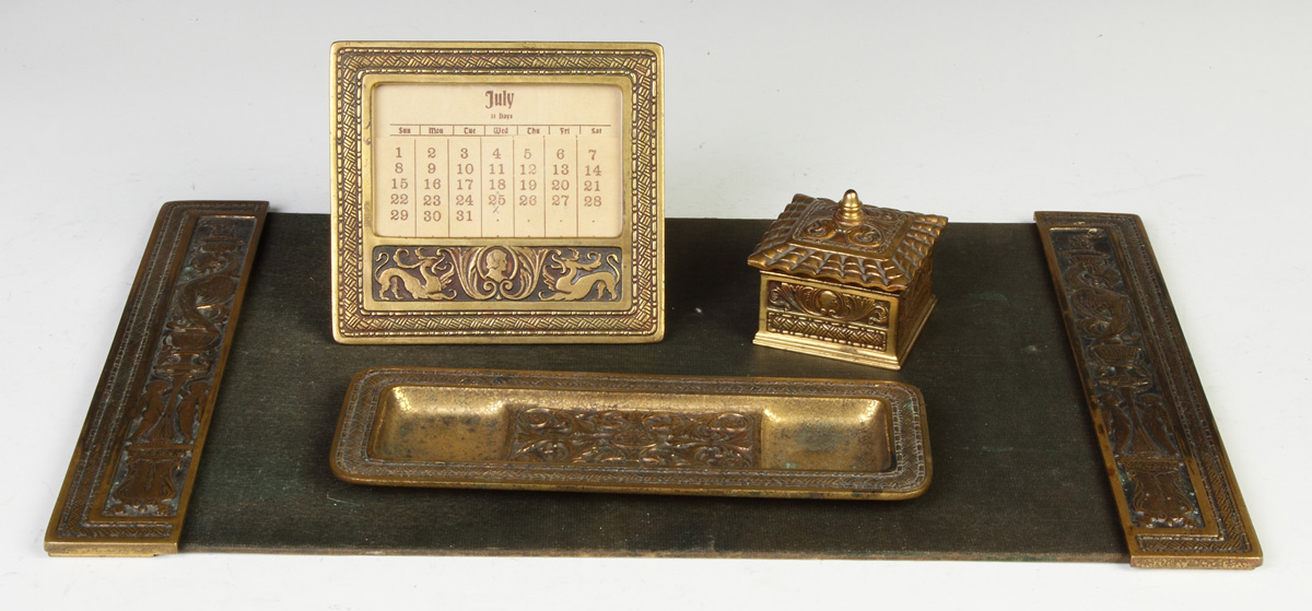 Appraisal: Unusual Gilded Bronze Tiffany Studios Desk Set Inkwell calendar blotter