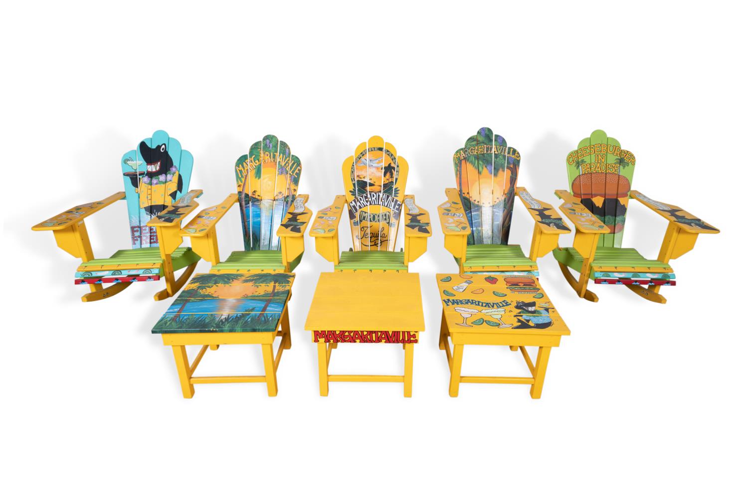 Appraisal: PC MARGARITAVILLE ADIRONDACK CHAIRS SIDE TABLES Eight pieces of Margaritaville