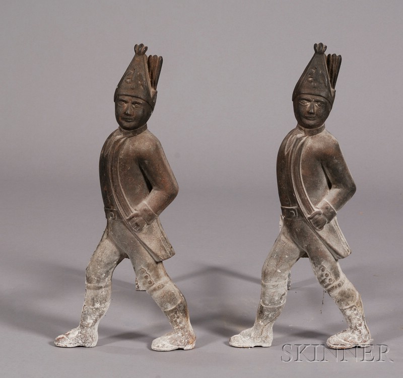 Appraisal: Pair of Cast Iron Hessian Soldier Andirons America late th