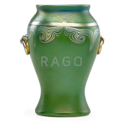 Appraisal: TIFFANY STUDIOS Fine green Favrile glass vase with applied handles