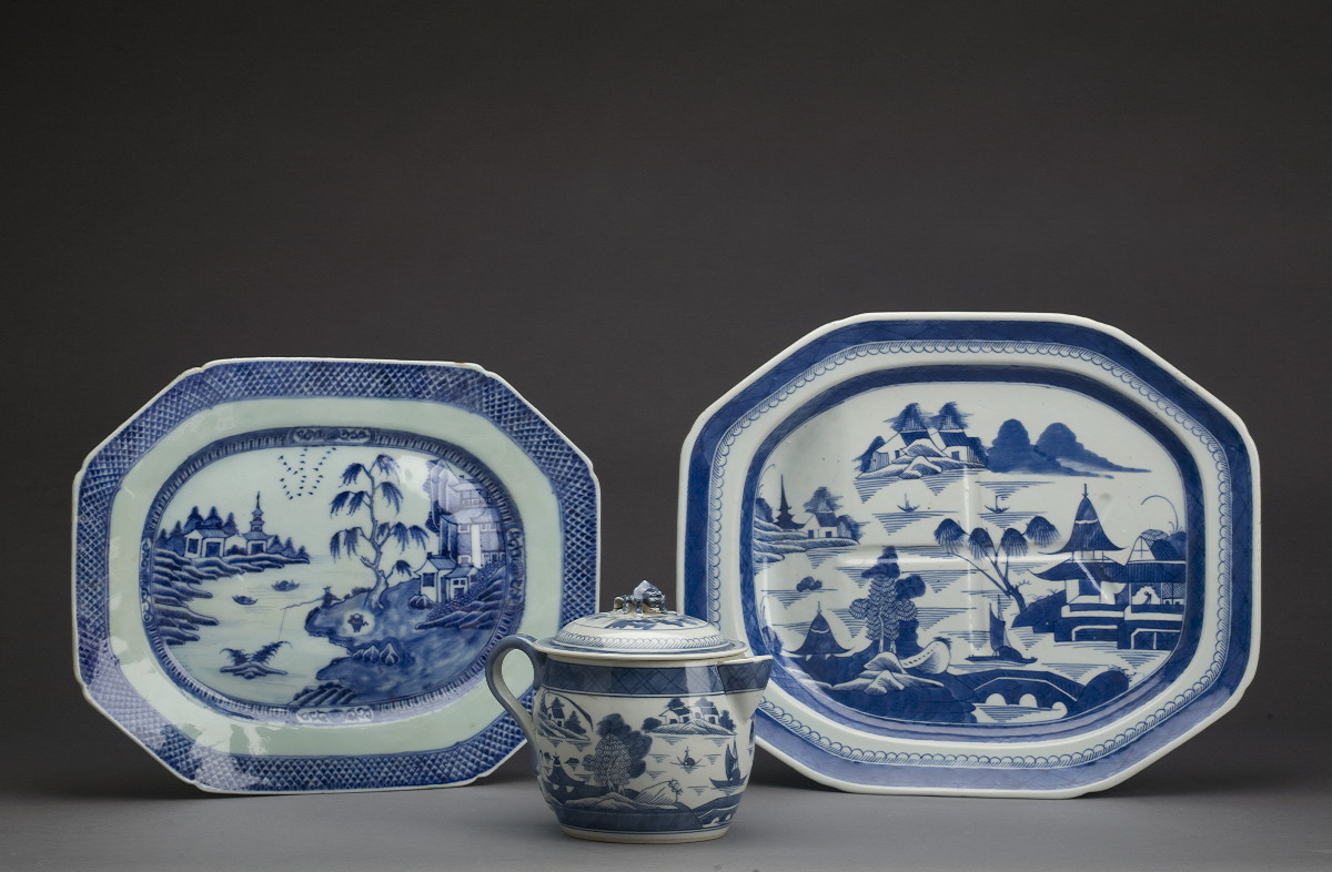 Appraisal: CANTON PORCELAIN BLUE AND WHITE WELL-AND-TREE PLATTER AND A PLATTER