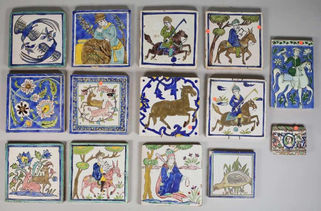 Appraisal: Persian qajar pottery tiles molded tiles of a falconer on