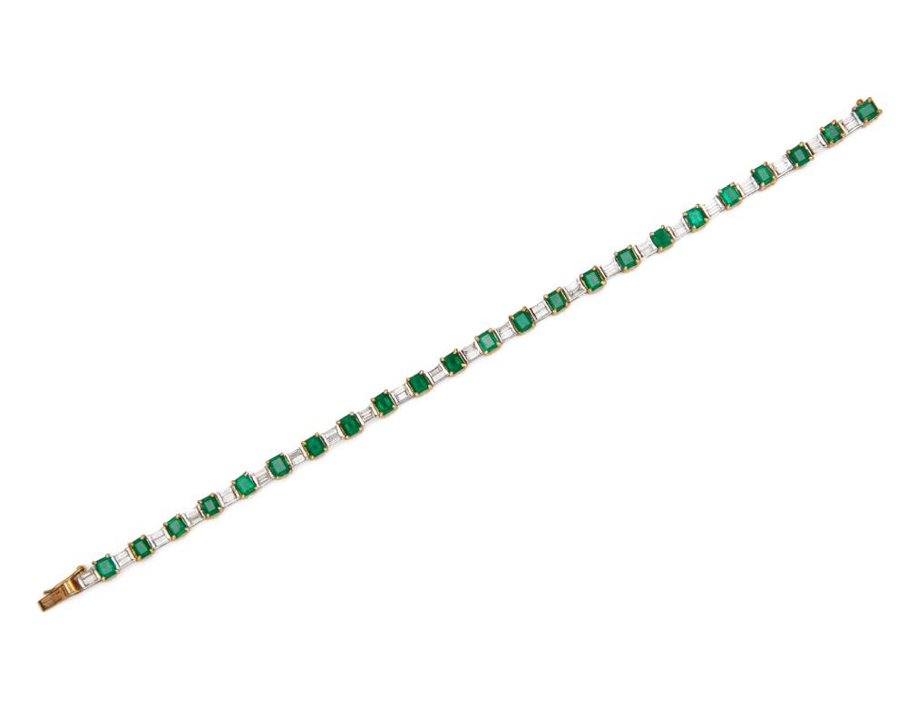 Appraisal: K Gold Emerald and Diamond Line Bracelet the bicolor gold