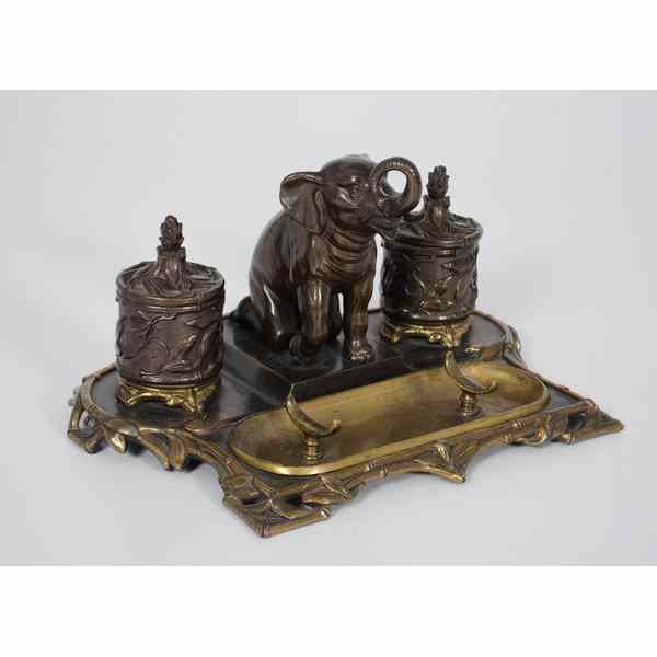 Appraisal: Bronze Elephant Inkstand Continental th century A bronze inkstand mounted