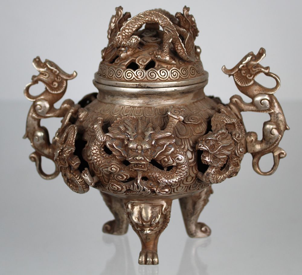 Appraisal: Chinese Silvered-Bronze Dragon Form Censer Signed Chinese Silvered-Bronze Dragon Form