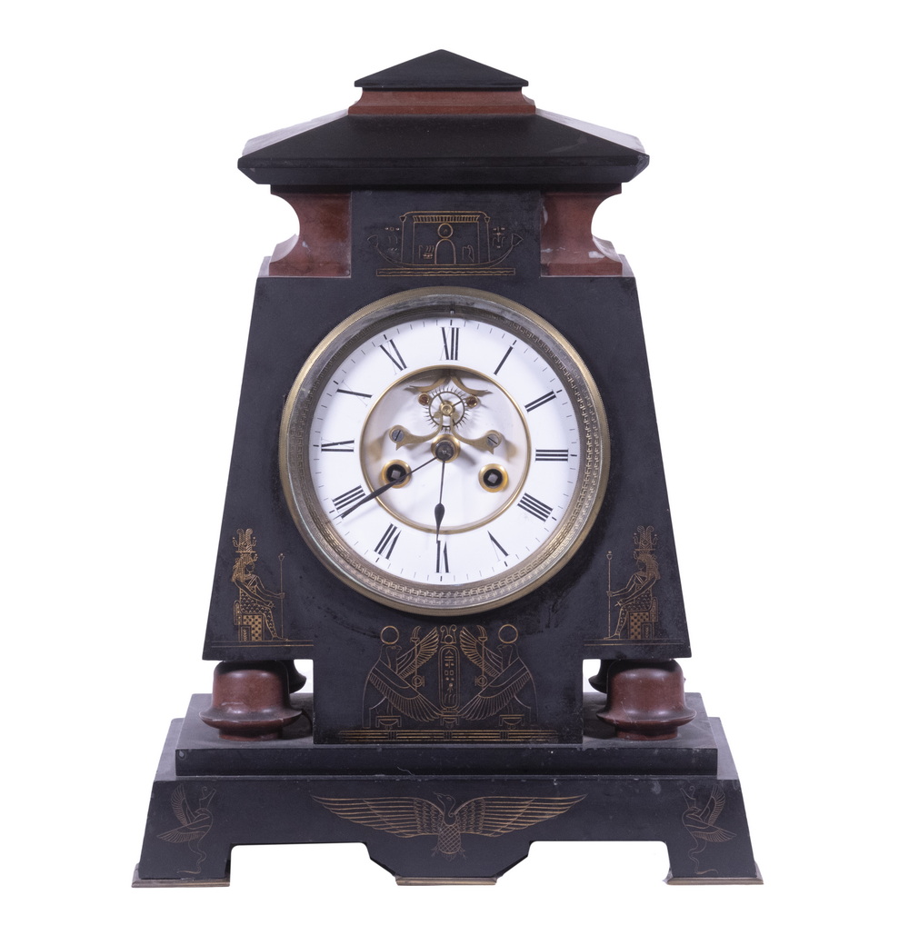 Appraisal: FRENCH EGYPTIAN REVIVAL MANTEL CLOCK Circa Black Slate Rouge Marble