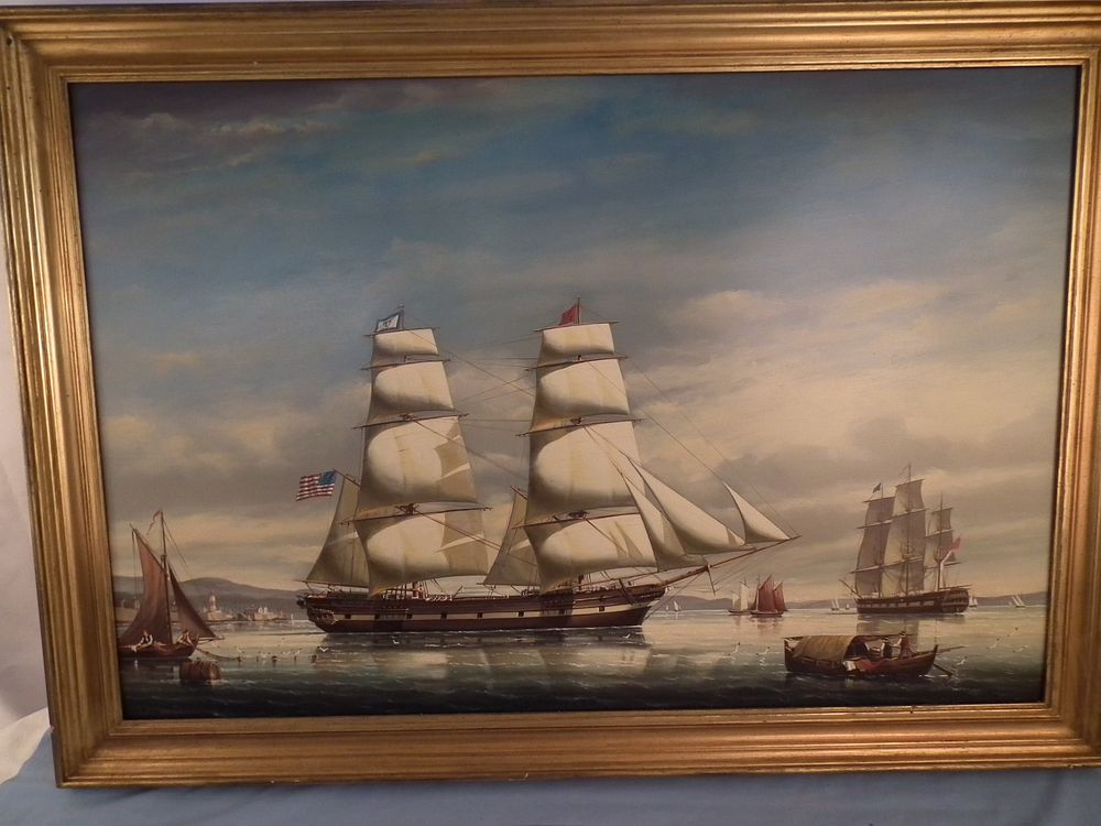 Appraisal: COLACICCO PAINTING SHIPS Beautiful contemporary oil painting on masonite of