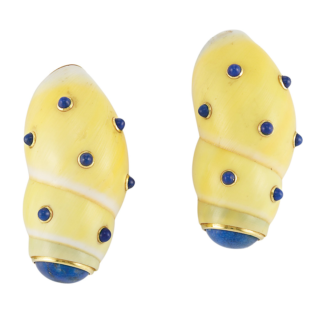 Appraisal: Pair of Gold Yellow Shell and Lapis Earclips Seaman Schepps