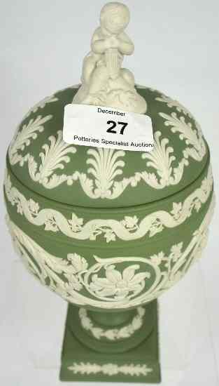 Appraisal: Wedgwood Green and White Jasperware Urn and Cover Height cm