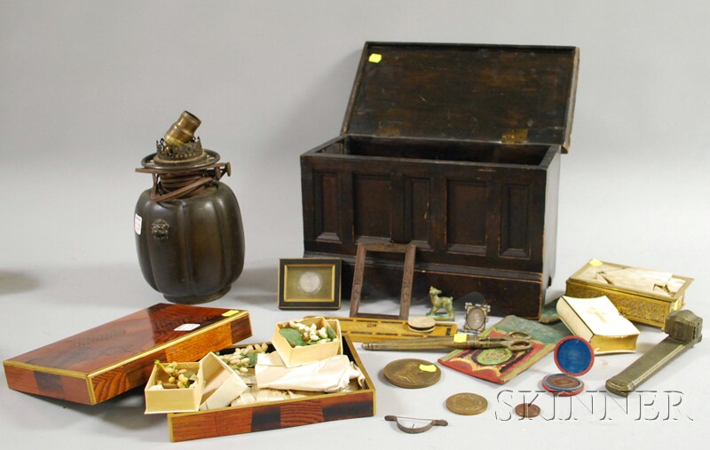 Appraisal: Small Paneled Wooden Box with Contents and Accessories including a