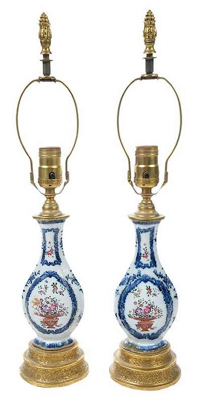 Appraisal: Pair of Chinese Export Vase Lamps th th century blue