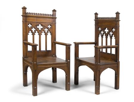 Appraisal: A pair of Gothic revival oak chairs th century with