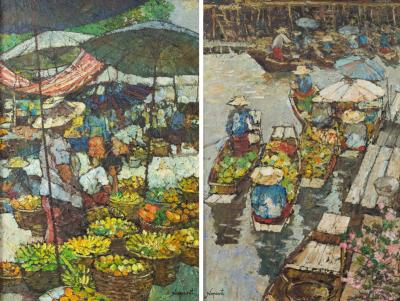 Appraisal: Noparat Livisddhi born Market Scenes a pair oil on canvas