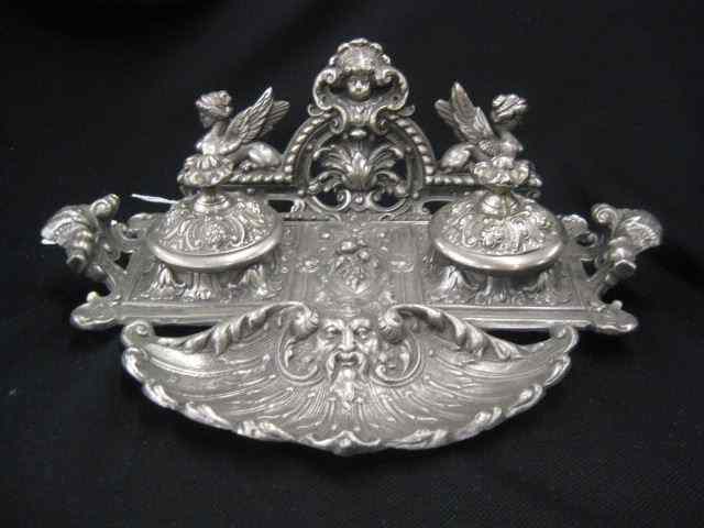 Appraisal: Victorian Cast Iron Inkstand double well elaborate scenes of gods