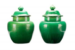 Appraisal: Pair of Chinese Green Glazed Ceramic Lidded Jars Chinese likely