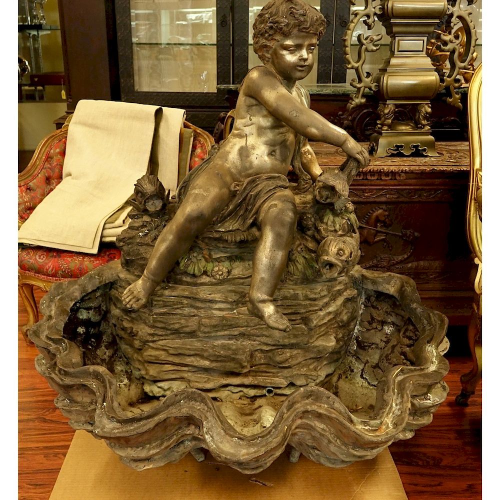 Appraisal: Large Bronze Piece Cherub and Dolphin Fountain Large Bronze Piece