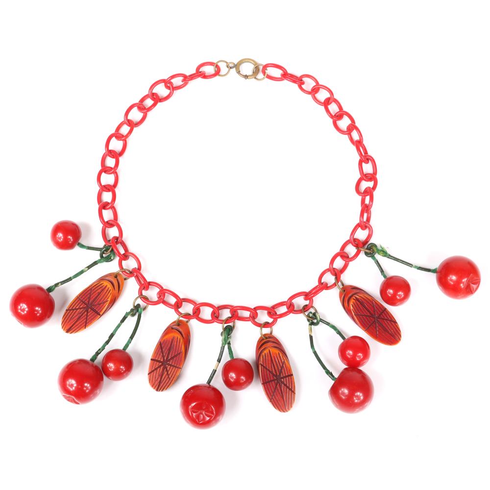 Appraisal: VINTAGE BAKELITE RED CHERRY FRUIT DANGLE BIB NECKLACE AND CARVED