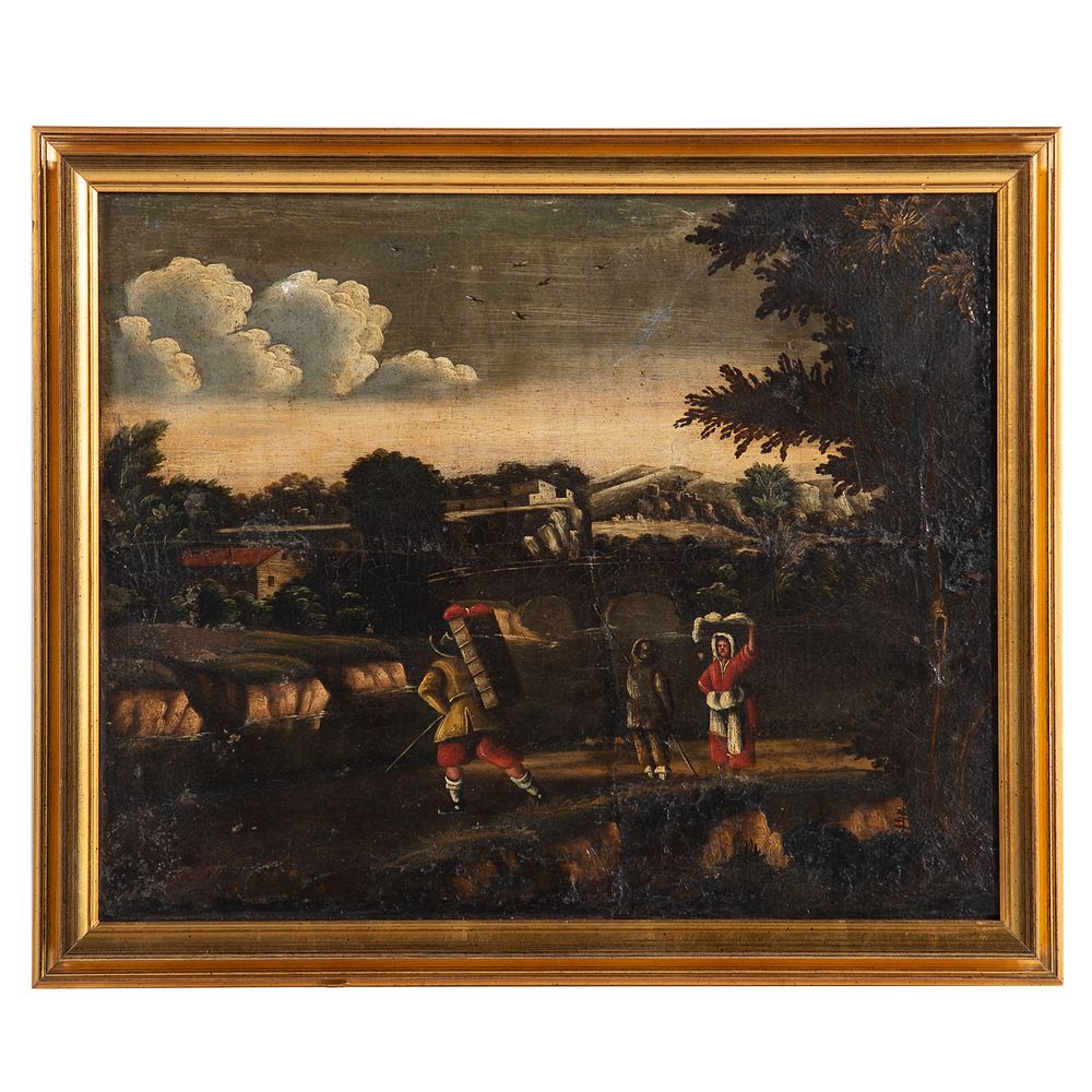 Appraisal: Dutch School th c Landscape with Figures oil Oil on