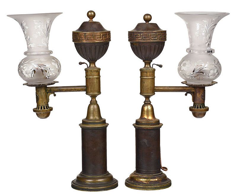 Appraisal: Pair Gilt Bronze Signed Argand Lamps British th century fluted