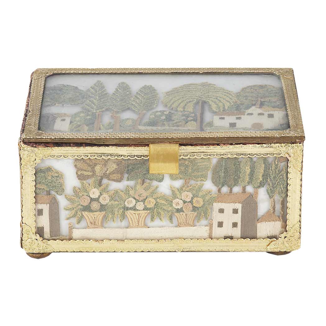 Appraisal: English Stumpwork and Decoupage Box The hinged top and sides