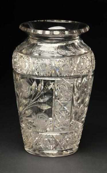 Appraisal: Large Cut Glass Vase Description Etched flower decoration Condition Near