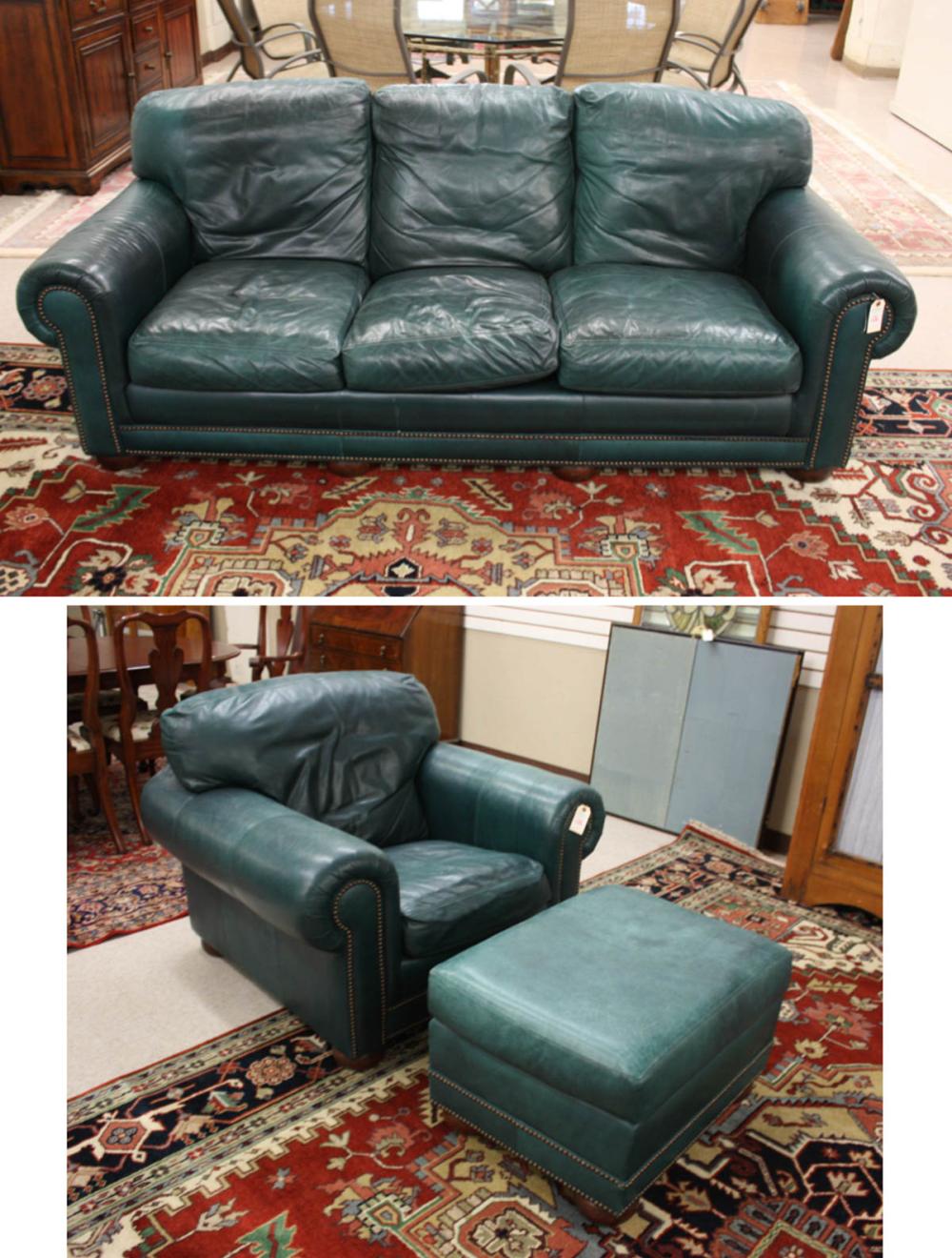 Appraisal: THREE-PIECE GREEN LEATHER SEATING FURNITURE SET Bradington Young Furniture Co